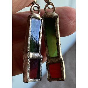 Artisan Stain Glass Style Silver Tone Bar Dangle Earrings Pierced
